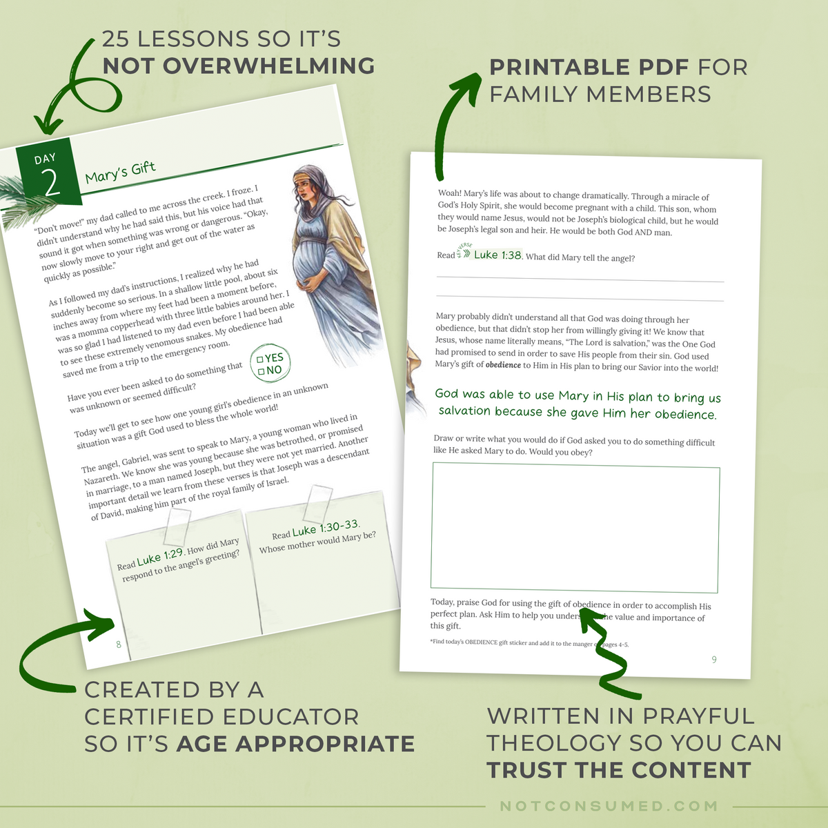 Printable PDF pages with text and graphics on a light green background