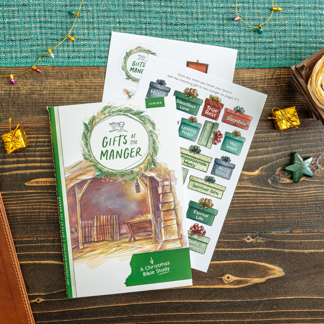 Bible Study titled 'Gifts of the Manger' with a sheet of stickers on a wooden surface.