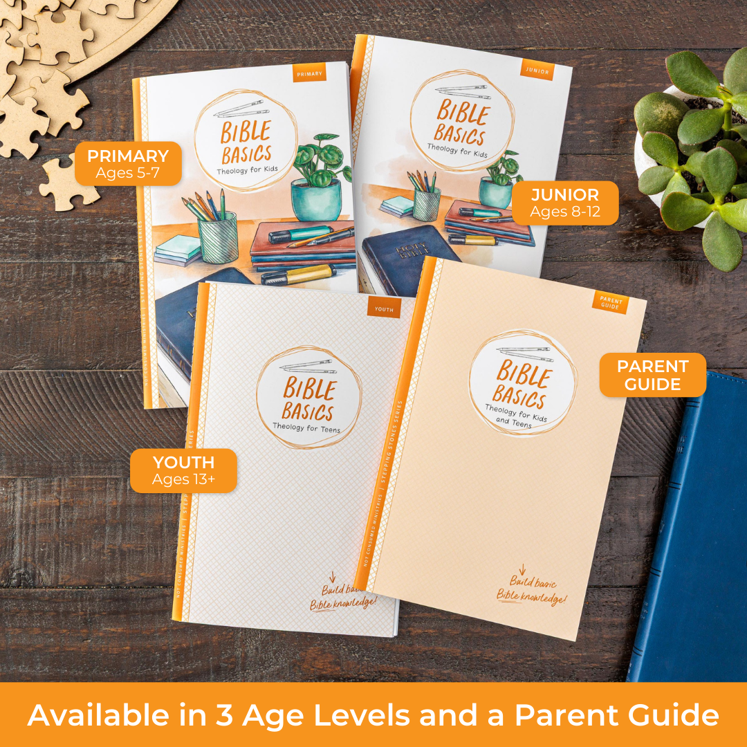 Book titled 'Bible Basics Theology for Kids' on a wooden surface with other educational materials.