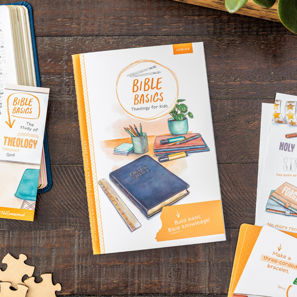 Book titled 'Bible Basics Theology for Kids' on a wooden surface with other educational materials.
