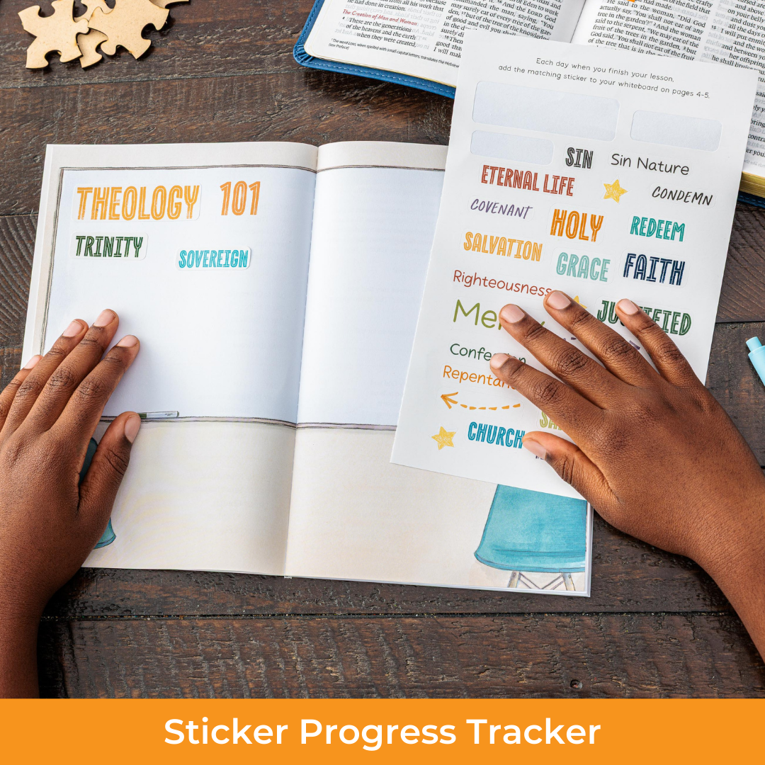 Person using a sticker progress tracker with theological terms on a wooden surface.