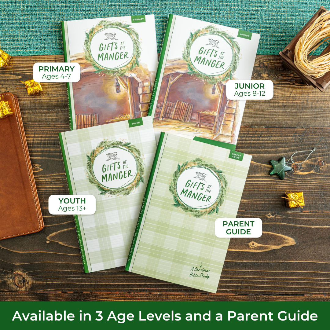 Four books titled &#39;Gifts of the Manger&#39; for different age groups on a wooden surface.