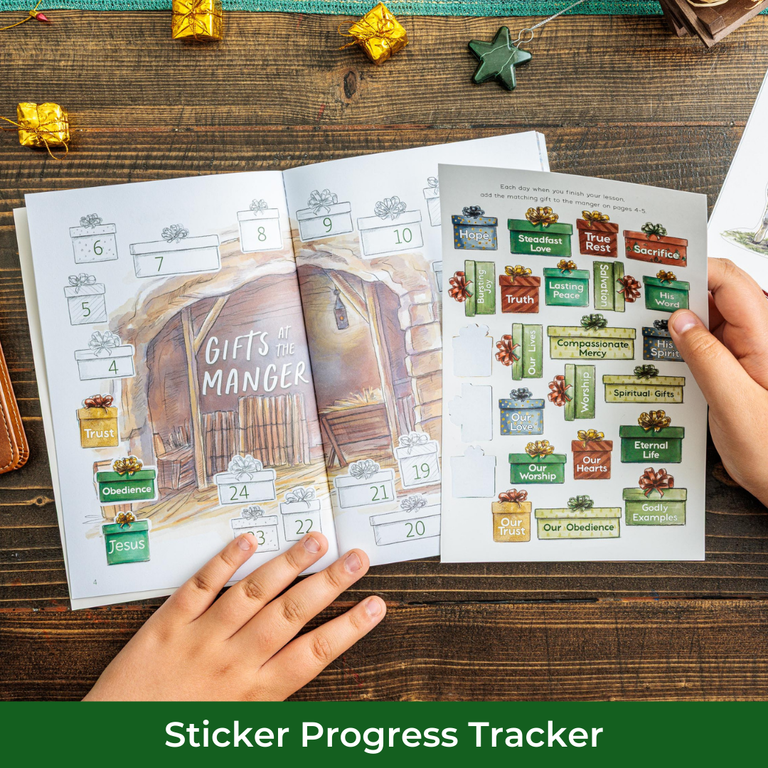 Sticker progress tracker for a Christmas-themed Bible Study on a wooden surface.