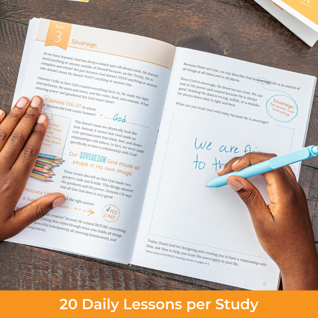 Open book with text and a hand holding a pen on a wooden surface, with &#39;20 Daily Lessons per Study&#39; text at the bottom.