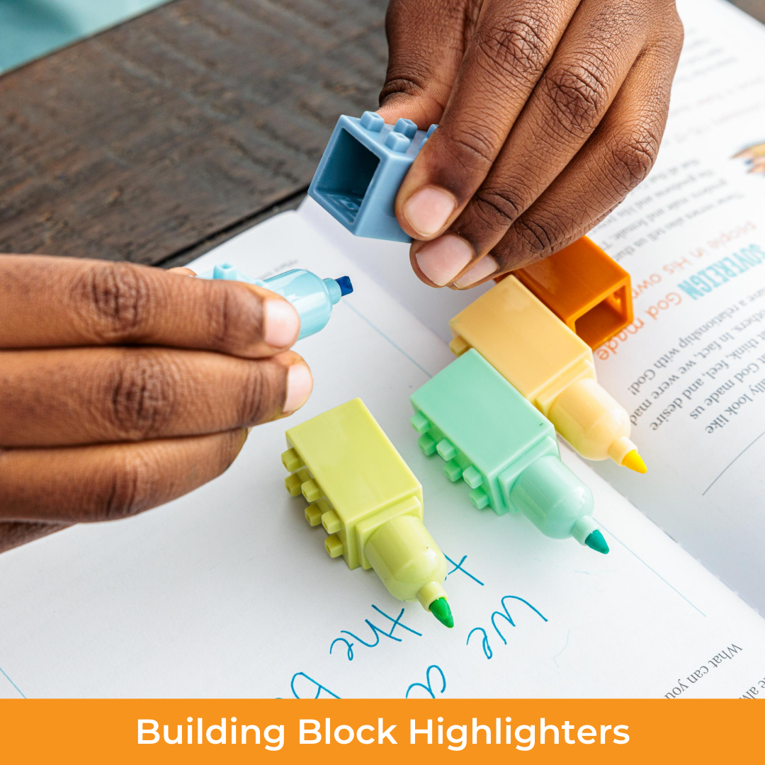 Colorful building block highlighters on a piece of paper with text, labeled &#39;Building Block Highlighters&#39;.