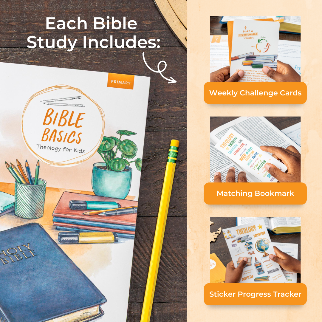 Bible study materials including a book titled &#39;Bible Basics&#39; with stationery items on a wooden surface.